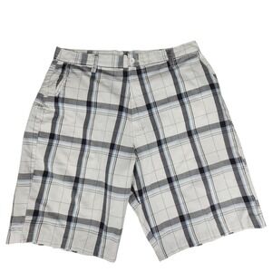 Burnside Shorts 36 Men Bermuda Plaid Gray Blue‎ White 11" 22" Flat Front Preppy